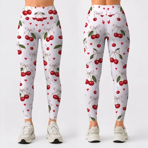 Cherry Bow Motifs for Playful Yoga, Running, and Everyday Athleisure for Active Women Leggings