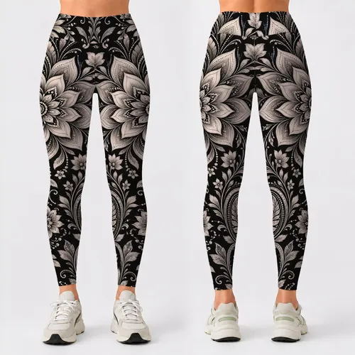 Ivory Floral Mandala Motifs for Cozy Winter Yoga, Studio Sessions, and Everyday Wear Leggings