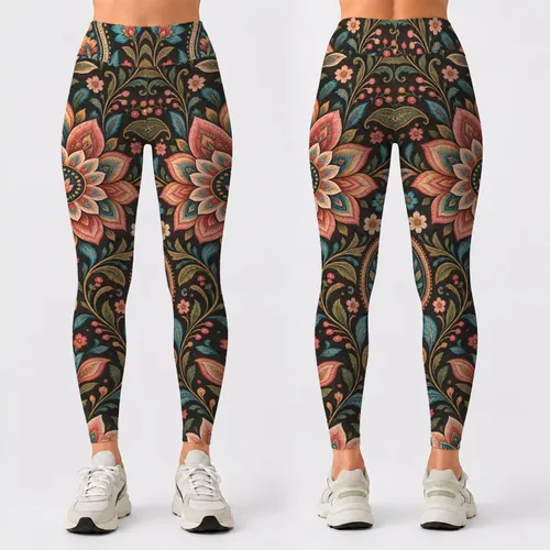 Colorful Folk Floral Paisley Blooms For Cozy Winter Walks And Everyday Comfort Leggings