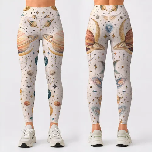 Pastel Planets And Crescent Moons For Yoga, Pilates And Relaxed Everyday Cosmic Style Leggings