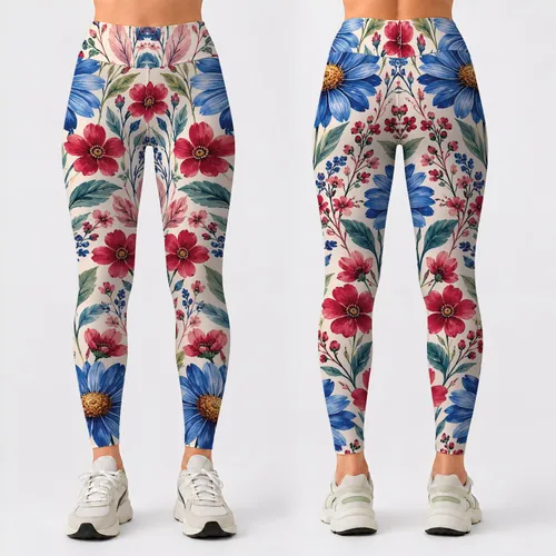 Blue Daisy And Crimson Wildflower Blooms For Yoga, Pilates And Outdoor Fitness Lifestyle Leggings