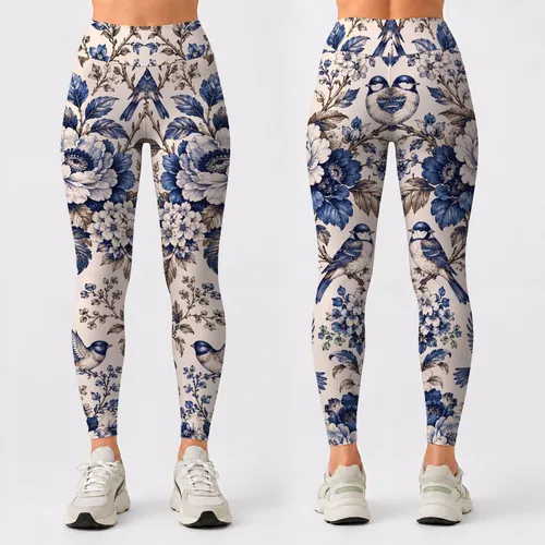 Indigo Floral Songbird Toile for Yoga Pilates and Outdoor Fitness Leggings