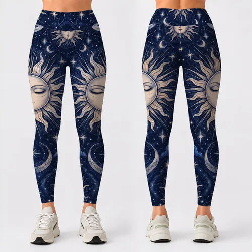 Celestial Sun And Moon Motifs For Yoga, Pilates And Outdoor Fitness, Women's Activewear Leggings