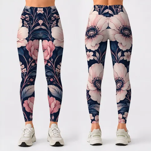 Navy Blush Botanical Flowers for Yoga Pilates Running and Summer Fitness Leggings
