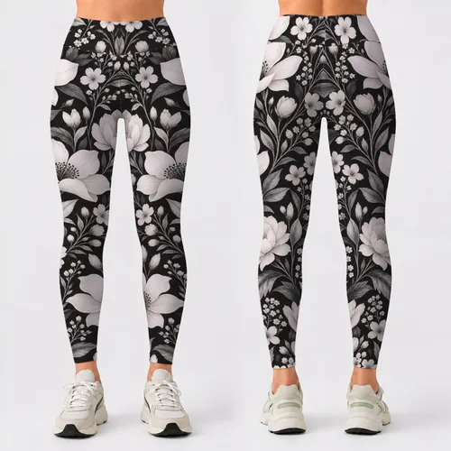 Monochrome Wildflower Garden for Summer Yoga, Gym Workouts and Outdoor Training Leggings