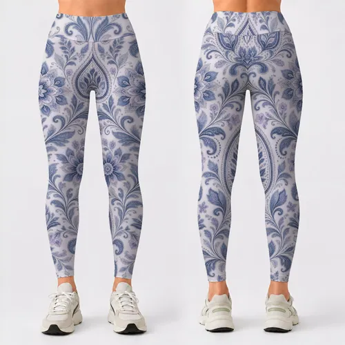 Blue And Ivory Paisley Florals For Yoga, Pilates And Everyday Activewear Leggings