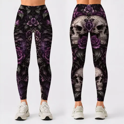 Violet Rose And Ivory Skull Motifs For Gothic Autumn Style And Dark Romantic Looks Leggings