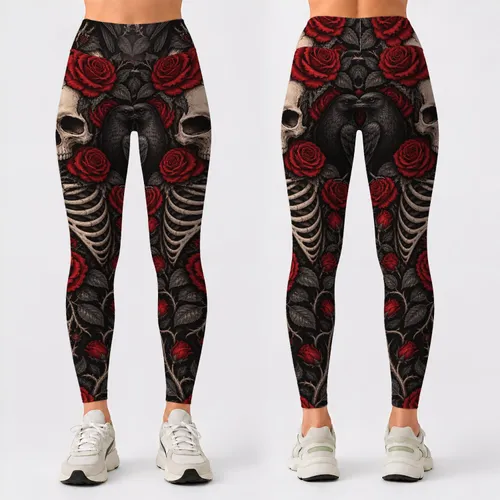 Crimson Roses, Skeletons And Crows For Gothic Halloween Style And Dark Romance Wear Leggings