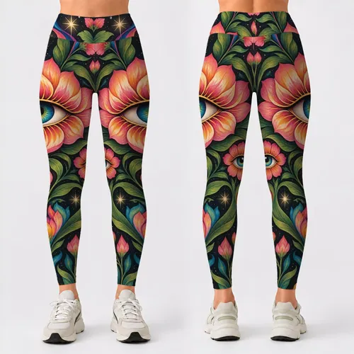 Psychedelic Floral Eyes in Jewel Tones for Festival Days and Everyday Wear for Her Leggings