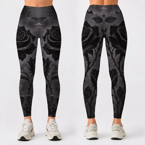 Black Roses and Crescent Moon for Gothic Night Out Style, Elegant Women's Everyday Wear Leggings