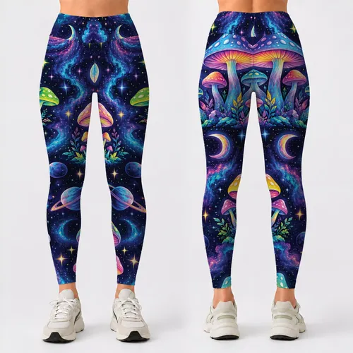 Neon Cosmic Mushrooms for Yoga, Festivals and Everyday Whimsy for Nature Lovers Leggings