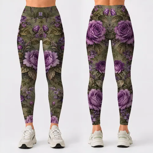Olive Green Violet Rose Motifs for Dance, Travel and Everyday Wear for Women Leggings