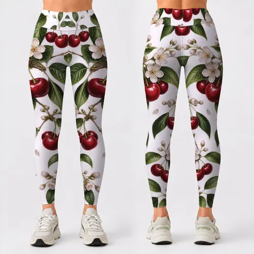 Red Cherry Blossoms and Green Leaves for Running and Outdoor Adventures Leggings