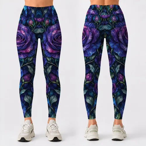 Blue Violet Stained Glass Roses for Bohemian Festivals, Art Walks and Evening Outfits Leggings