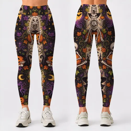 Whimsical Skeletons and Jack-o'-Lanterns for Halloween Parties and Autumn Night Celebrations Leggings