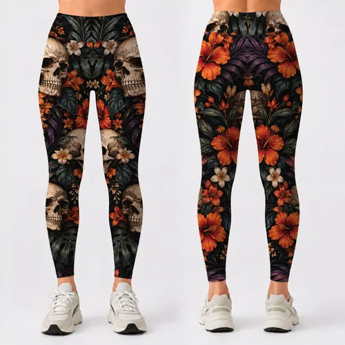 Halloween Skull And Tropical Flowers For Spooky Season Style And Autumn Adventures Leggings