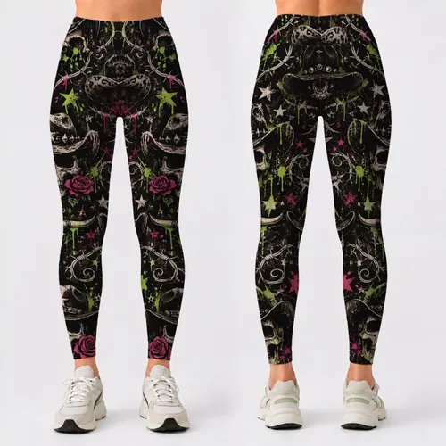 Neon Skull Western Rebel Style for Concert Nights and Everyday Casual Wear for Women Leggings