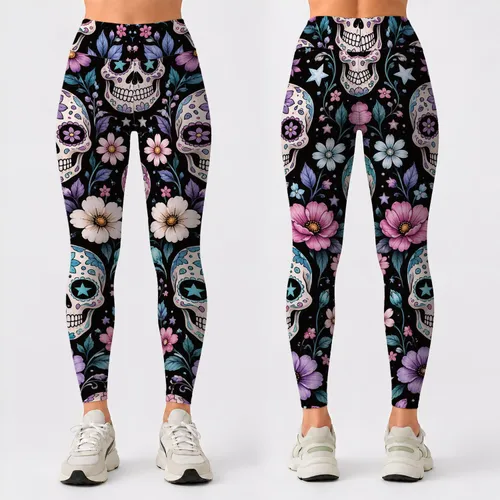 Pastel Sugar Skulls And Flowers For Halloween Parties And Spooky Festival Style For Women Leggings