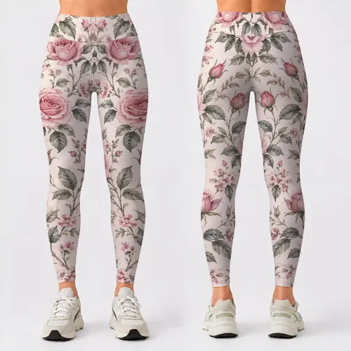 Blush Pink Rose Botanicals for Yoga, Running and Outdoor Wellness Leggings