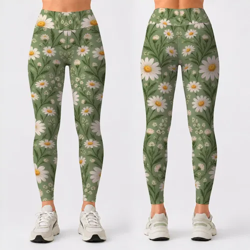 White Daisy Meadow with Golden Centers for Spring Fitness and Outdoor Yoga Leggings