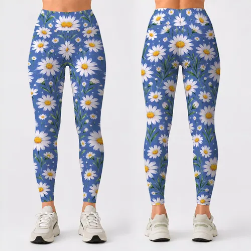 White Daisy Blooms on Periwinkle Blue for Spring Fitness and Yoga Leggings