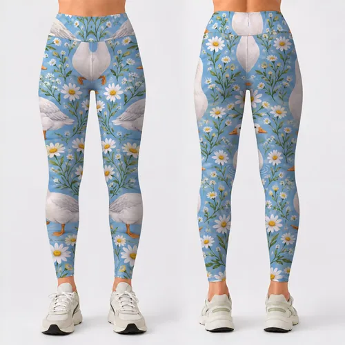 White Geese And Daisies For Cheerful Springtime Everyday Wear For Nature Loving Women Leggings