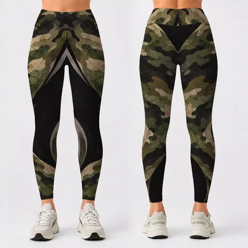 Olive Woodland Camo And Charcoal Colorblock For Yoga And Trail Training Leggings