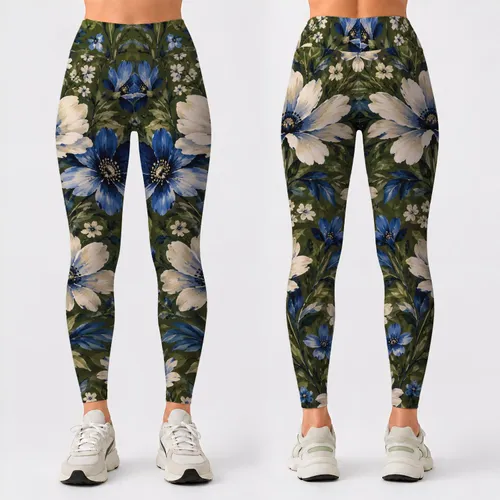 Ivory Cobalt Wildflowers for Yoga, Running and Everyday Activewear Leggings