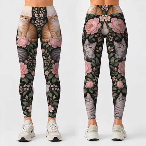 Whimsical Tabby Cats And Garden Roses For Yoga, Fitness And Everyday Wellness For Women Leggings