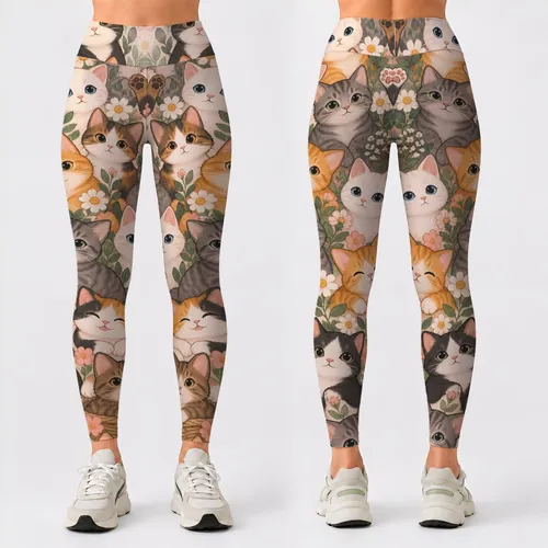 Cheerful Multicolor Cat Faces for Yoga Sessions, Gym Days and Everyday Activewear Leggings