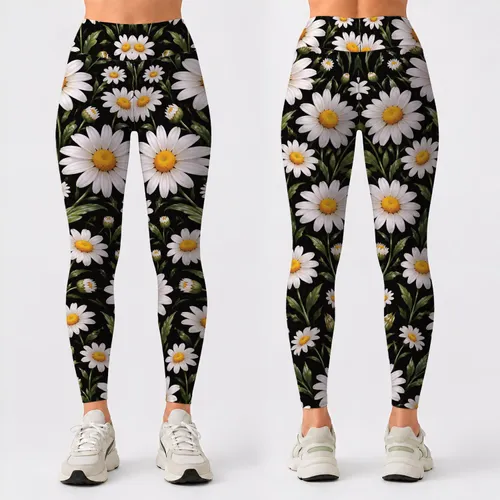 White Daisy Blooms on Midnight Black for Spring Workouts and Everyday Wear for Women Leggings