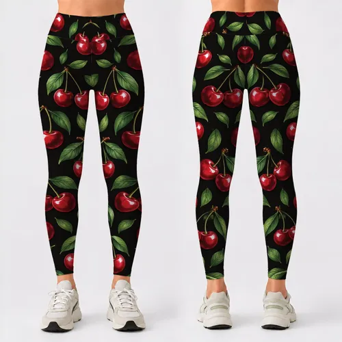 Glossy Red Cherry Fruit Motif for Yoga, Running and Summer Wellness Wear for Women Leggings