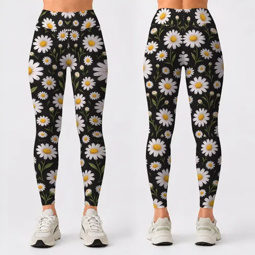 White Daisy Blooms on Charcoal for Cheerful Yoga and Everyday Activewear Leggings