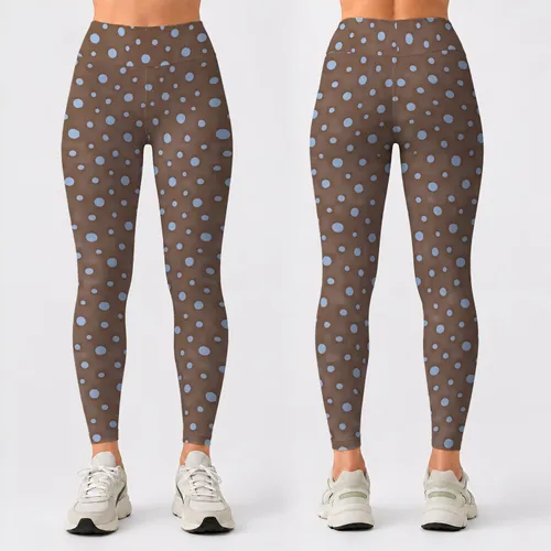 Brown And Blue Polka Dots For Yoga, Pilates And Everyday Casual Style Leggings