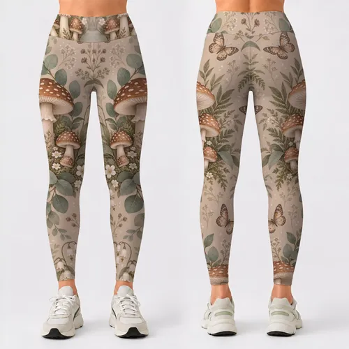 Toadstool Mushroom And Butterfly Woodland Motifs For Yoga And Nature Walks Leggings
