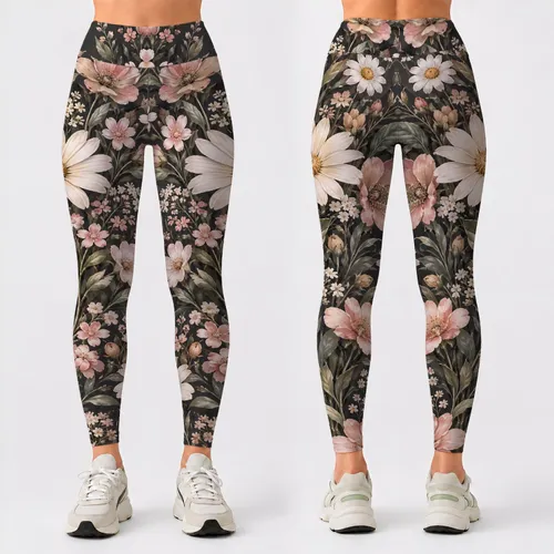 Charcoal Cream Wildflower Blooms for Yoga Pilates and Everyday Activewear Style Leggings