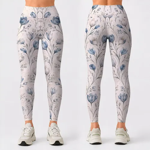 Tiny Blue Tulip Sprigs For Yoga, Pilates And Everyday Errands With Soft Floral Style Leggings