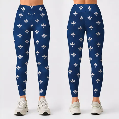 Ivory Floral Motifs on Indigo Blue for Yoga Pilates and Everyday Wear Leggings