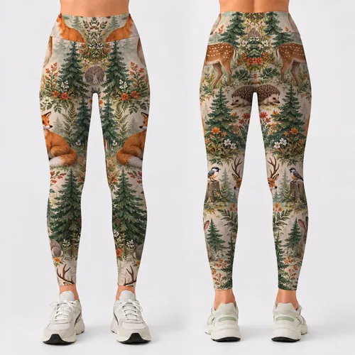 Woodland Fox Deer Rabbit Forest Scene for Yoga, Hiking and Everyday Outdoor Adventures Leggings