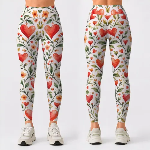 Coral Hearts and Olive Vines for Yoga, Pilates, and Everyday Activewear Leggings