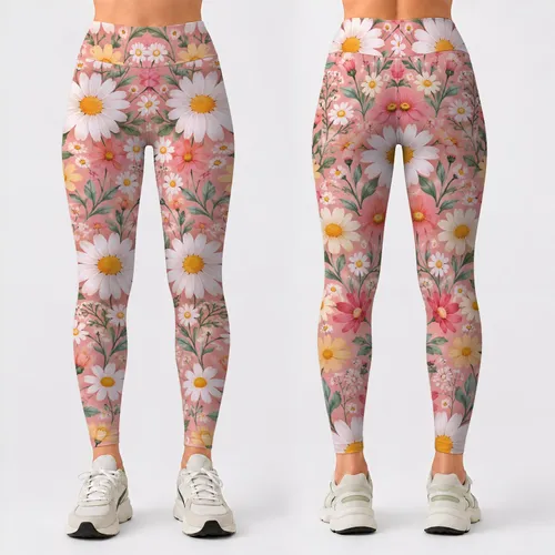 Pink Daisy and White Wildflower Blooms for Yoga, Pilates, and Everyday Outings Leggings