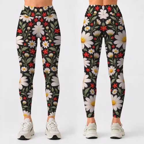 White Daisy and Scarlet Wildflower Blooms for Yoga, Running, and Everyday Activewear Leggings