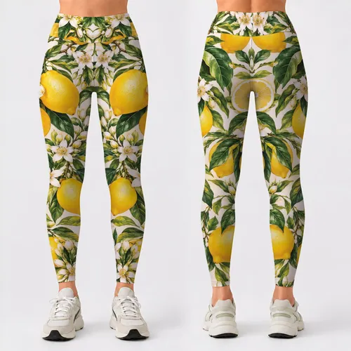 Golden Lemons and Green Leaves for Sunny Yoga, Running, and Weekend Wellness Leggings