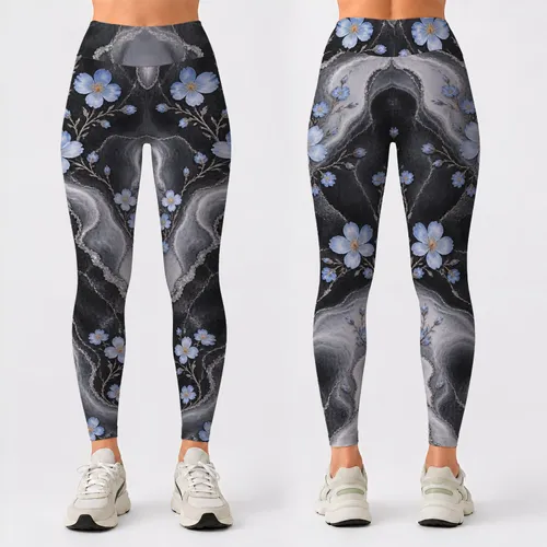 Charcoal Marble Veins with Pale Blue Blossoms for Yoga, Pilates, and Everyday Lifestyle Leggings