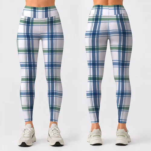 Blue Green Windowpane Checks for Yoga Pilates Commutes and Everyday Wear Leggings