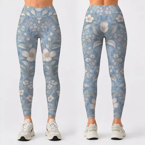 Ivory Wildflower Vines on Sage Blue for Yoga, Pilates and Everyday Activewear Style Leggings