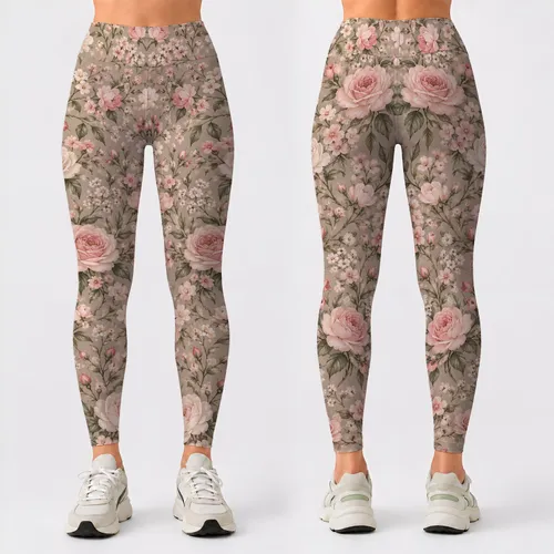 Blush Rose and Sage Botanical Florals for Yoga, Pilates and Everyday Activewear Leggings