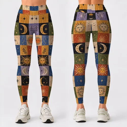 Retro Sun And Crescent Moon Checks For Yoga And Everyday Cosmic Style Leggings
