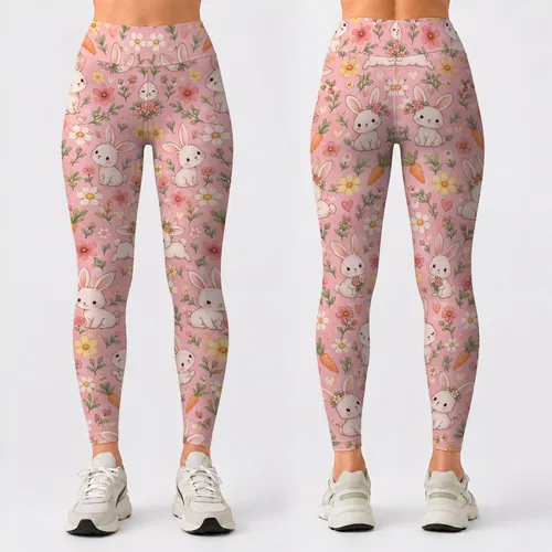 Cute Bunny Flowers And Carrots For Springtime Yoga And Everyday Casual Wear Leggings