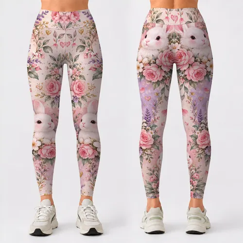 Pastel Bunny Bouquets and Tiny Hearts for Yoga, Pilates, and Casual Everyday Wear Leggings
